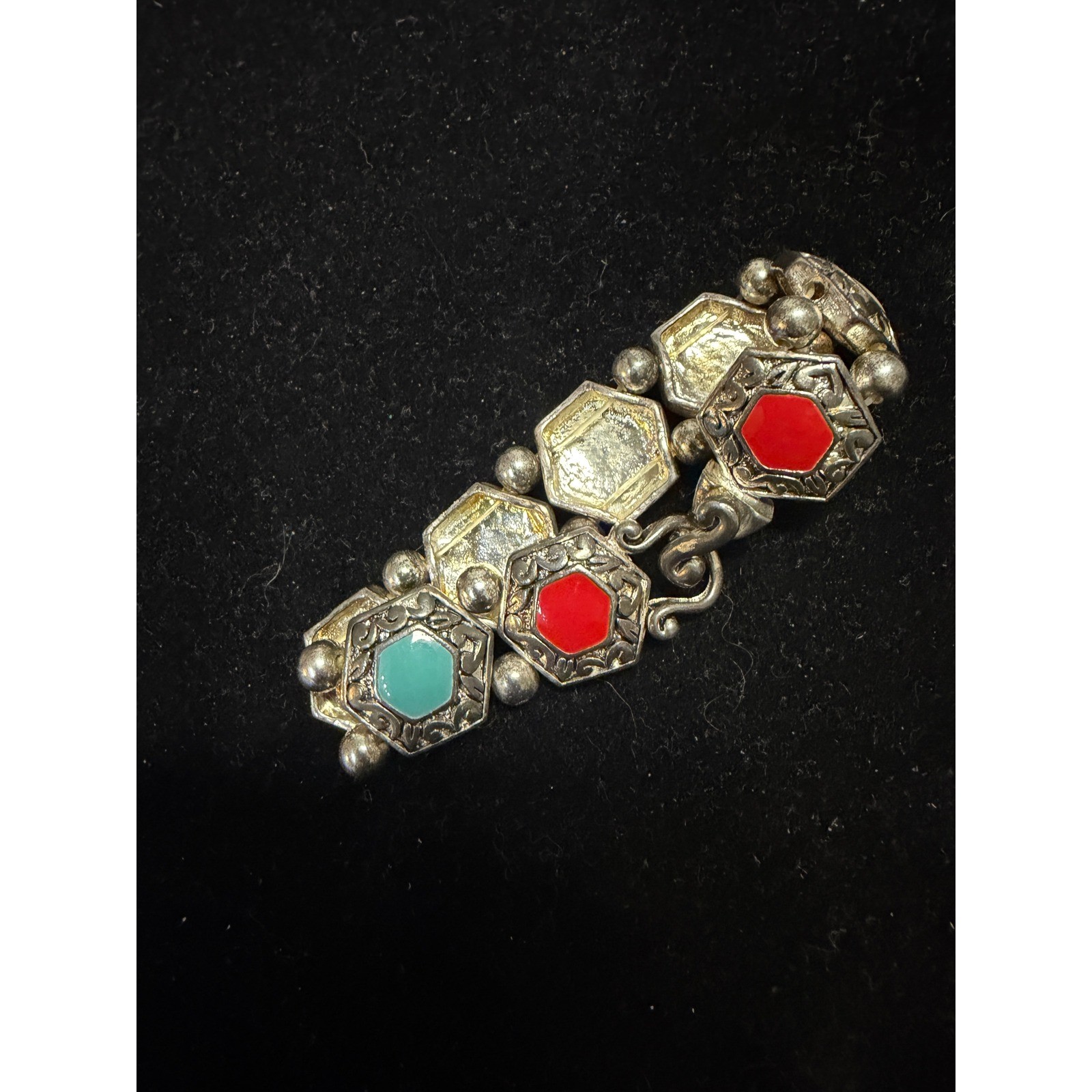 Premier Designs Link Bracelet Enamel Hexagon Silver Stone Engraved Jewelry Gift