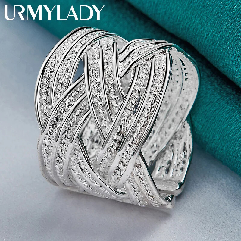 URMYLADY 925 Sterling Silver Woven Net Adjustable Ring Charm Fashion Jewelry