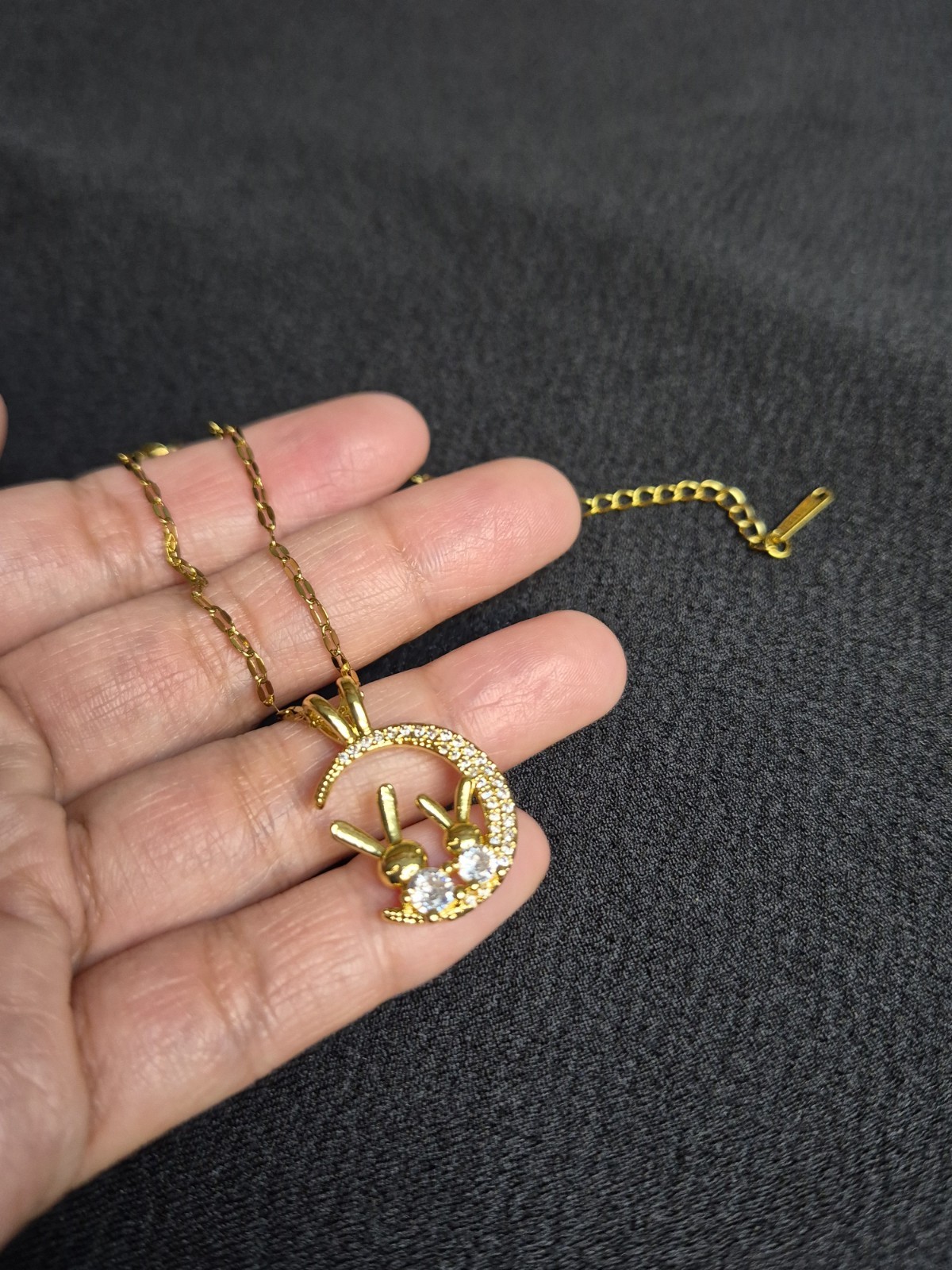 Gold Tone Cable Chain Rabbit Crescent Moon CZ Charm Pendant Necklace Toggle