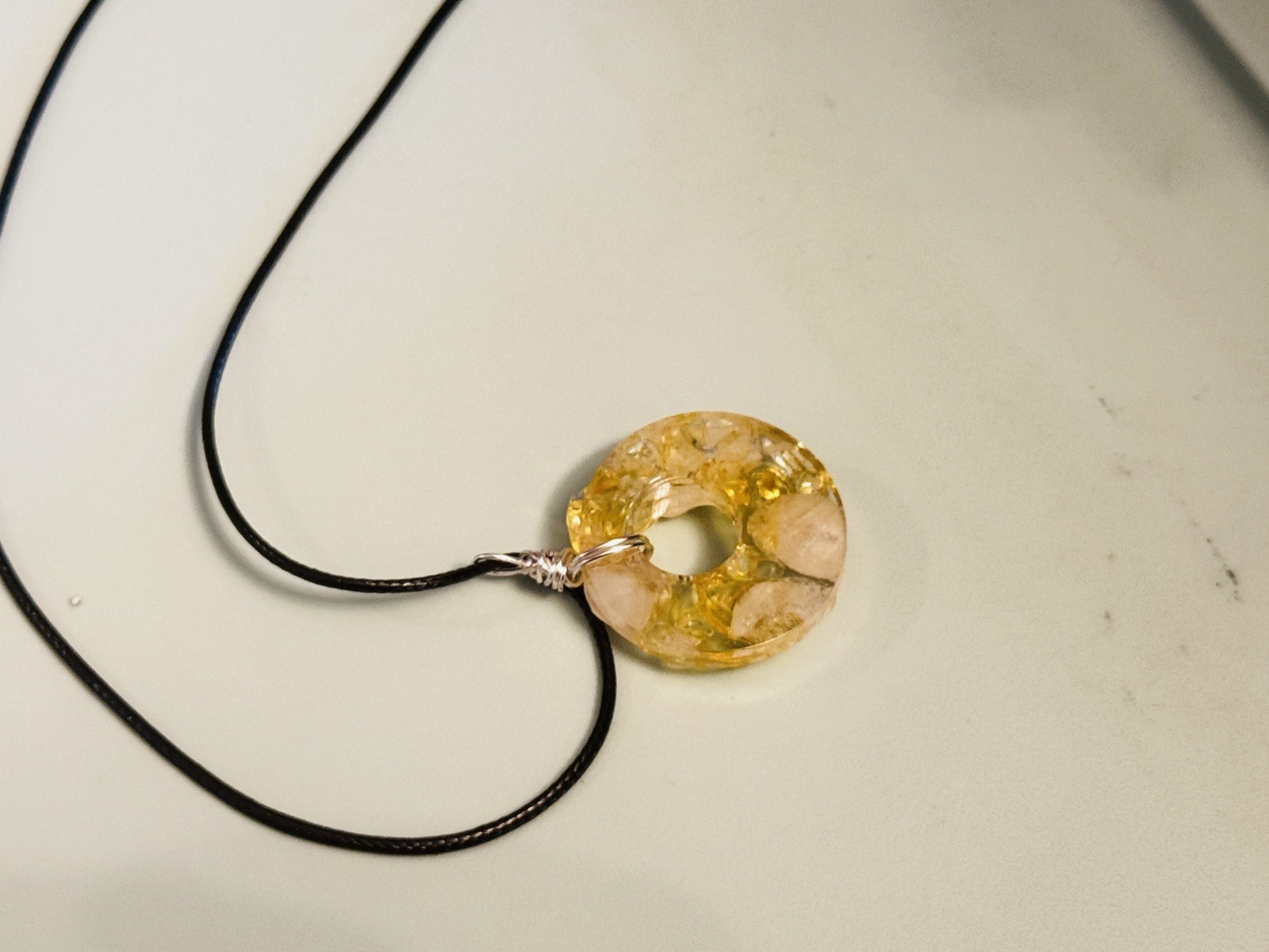 Citrine Necklace Pendant Crystal Donut 50mm Gemstone necklace leather 26in