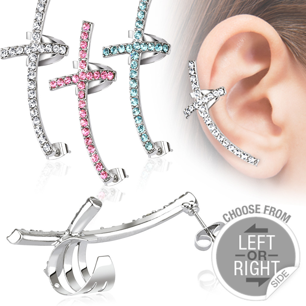 1 Pc Cross CZ Gem Paved Ear Cuff 316L Surgical Steel Ear Studs Earring 20g