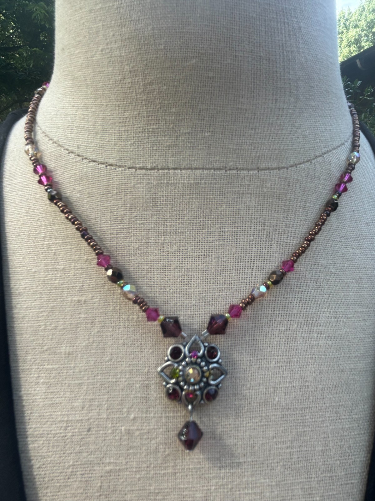 Whimsigoth Crystal Flower Pendant Necklace Fuchsia Brow Beaded Boho Jewelry.