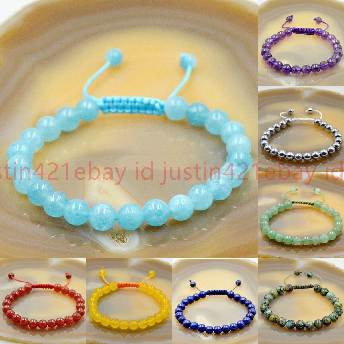 8/10/12mm Natural Multi-Color Rondelle Beads Gemstone Adjustable Bracelet 7.5”
