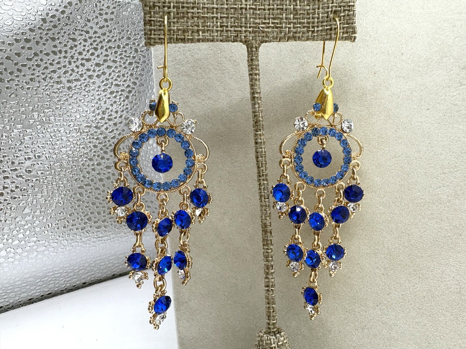 Gold Tone Light & Dark Saphire Colored Crystal Pave Chandelier Pierced Earrings