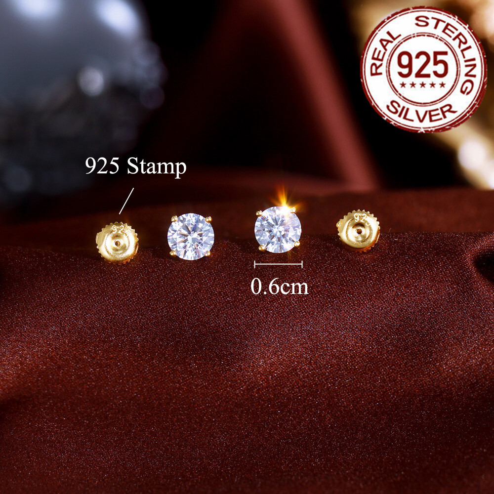 Gold Plated 925 Silver Filled Round Cubic Zirconia Screwback Stud Earrings Women
