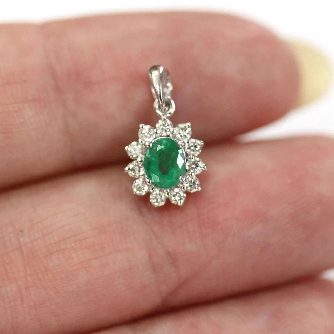 3.25 Ct Oval Cut Emerald Pendant Wedding Pendant 14k White Gold
