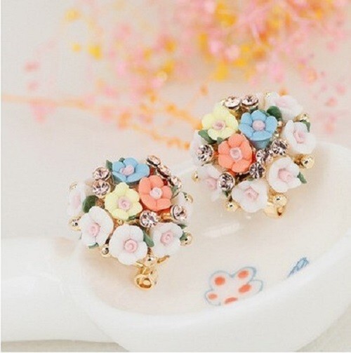 Beautiful S925 Silver Ceramic Small Flowers Earrings English Lock e000035