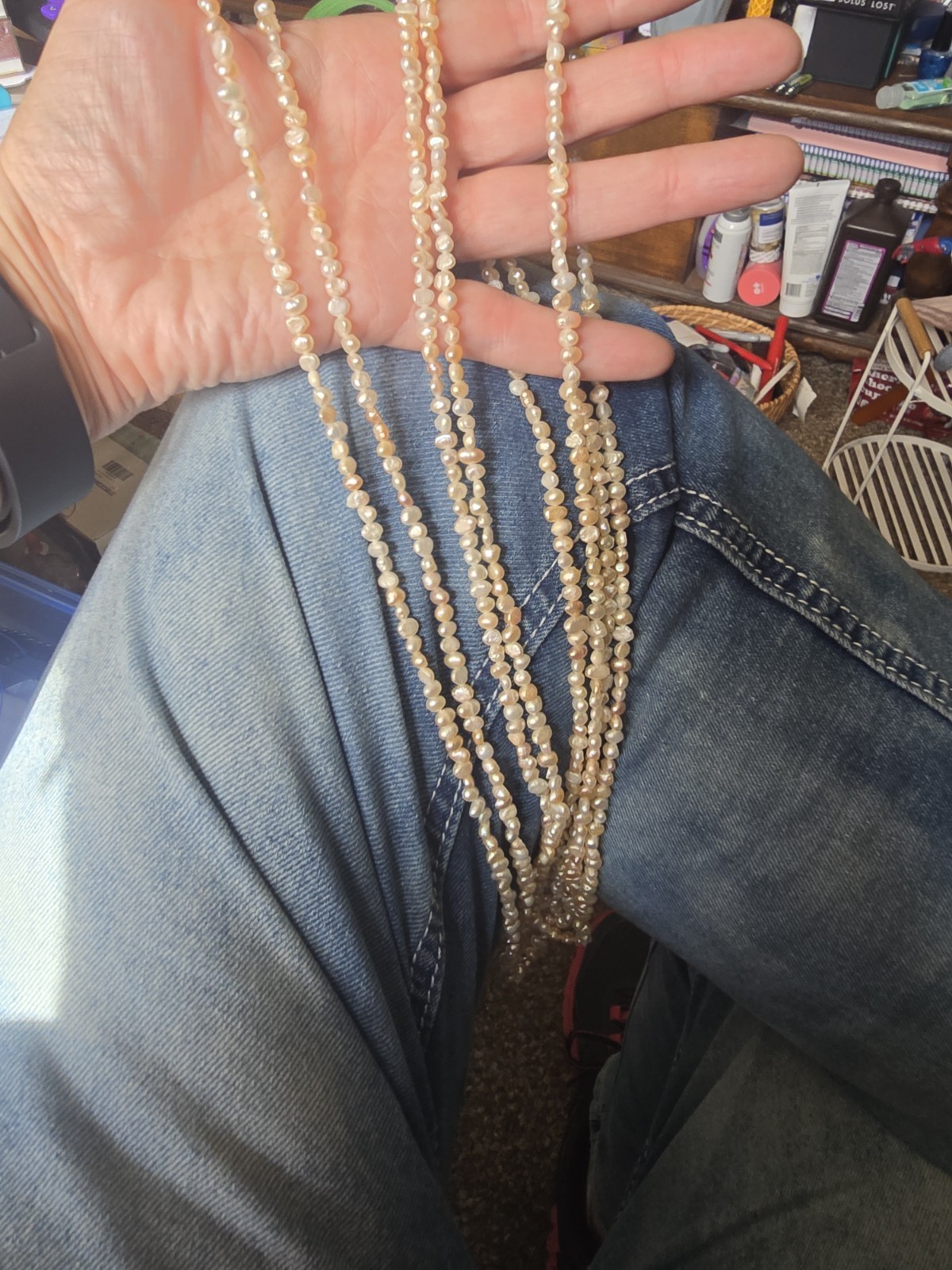 Cream Round Pearl Multi-Strand Beaded Necklace, Ball/Bead Chain, 50 in