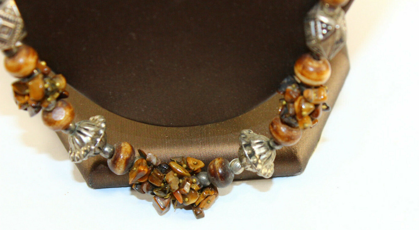 Necklace Plastic Bead Stone Brown White Silver Gold 25″