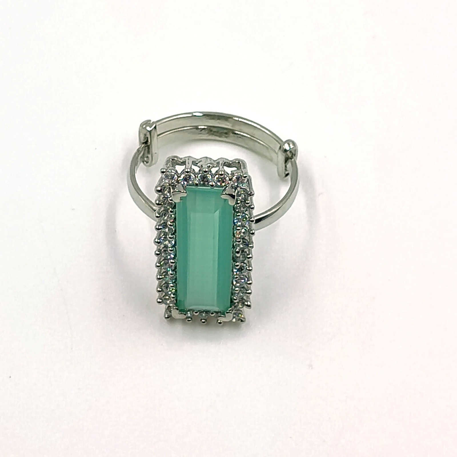 Elegant Aqua Chalcedony CZ Cocktail Ring Adjustable White Plated Boho Jewelry
