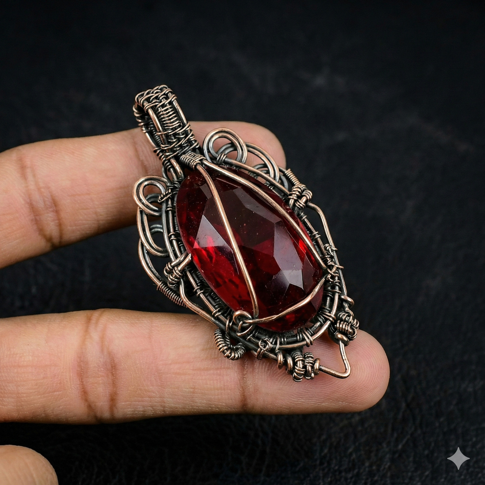 Artisan Wire Wrapped Antiqued Copper Red Ruby Quartz Pendant Statement