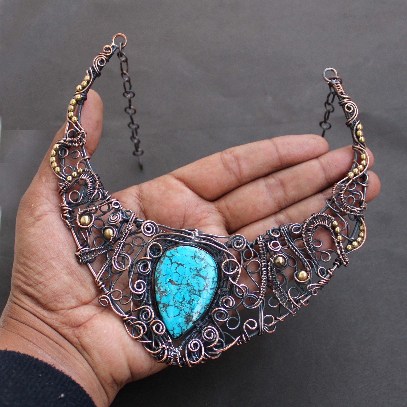 Tibetan Turquoise Copper Wire Wrapped Necklace Gemstone Handmade Jewelry 18″