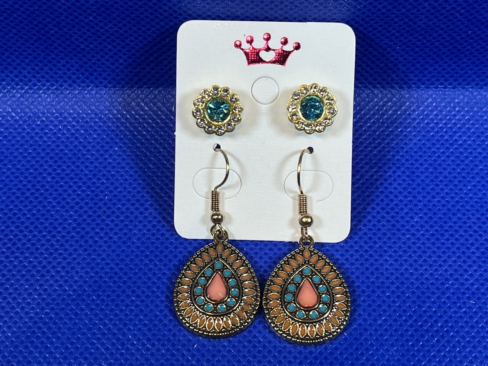 Bohemian Design Colored Gold Dangle Earrings & Floral Aqua Stud Earring Set