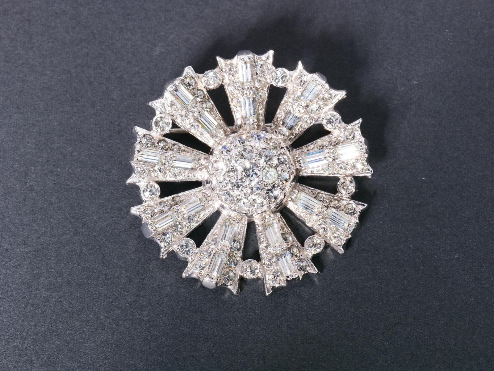Vintage Kays 1940s-1950s Silver Rhodium Starburst Brooch with Clear Crystal Rhin