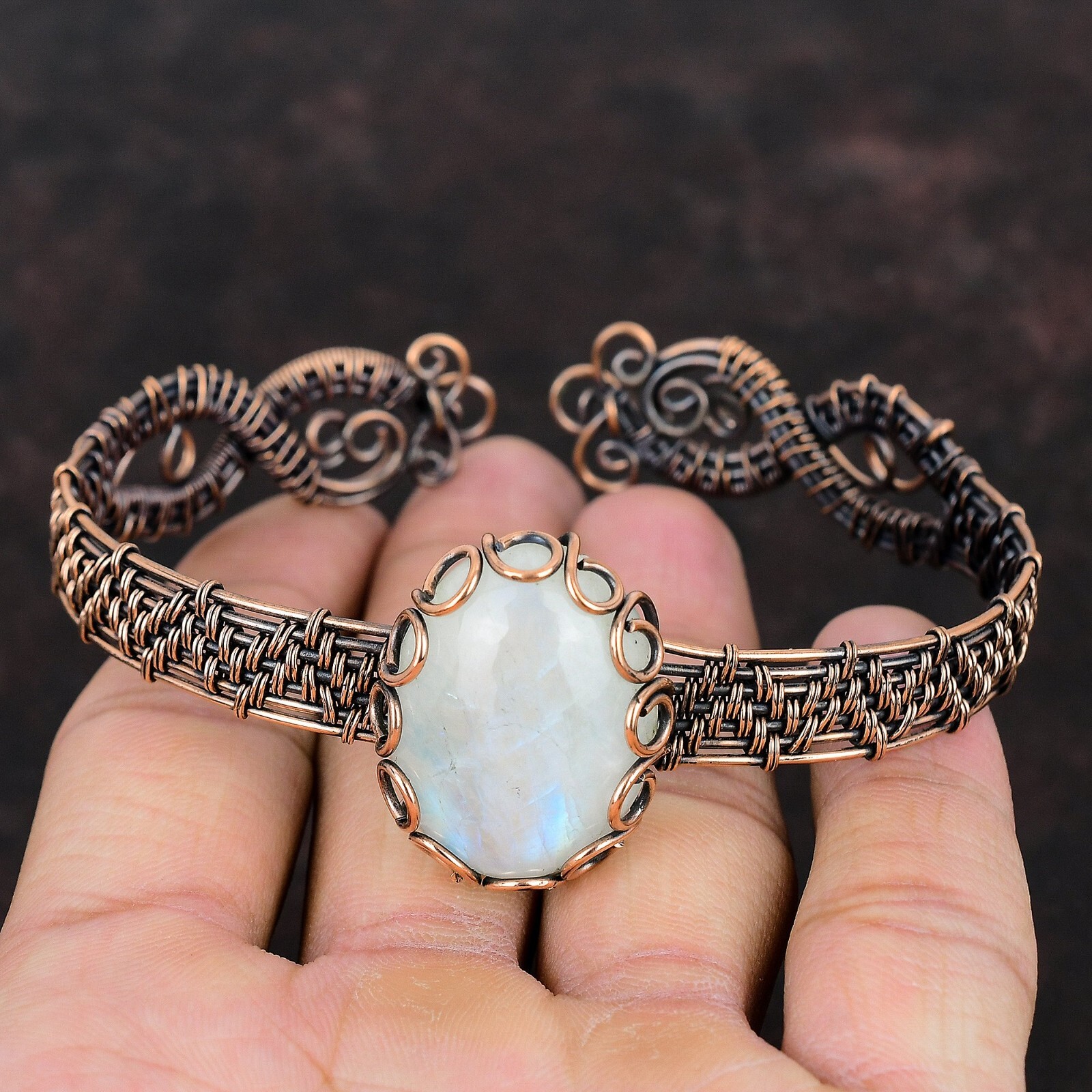 Rainbow Moonstone Wire Wrapped Adjustable Bangle Handcrafted Copper Gift