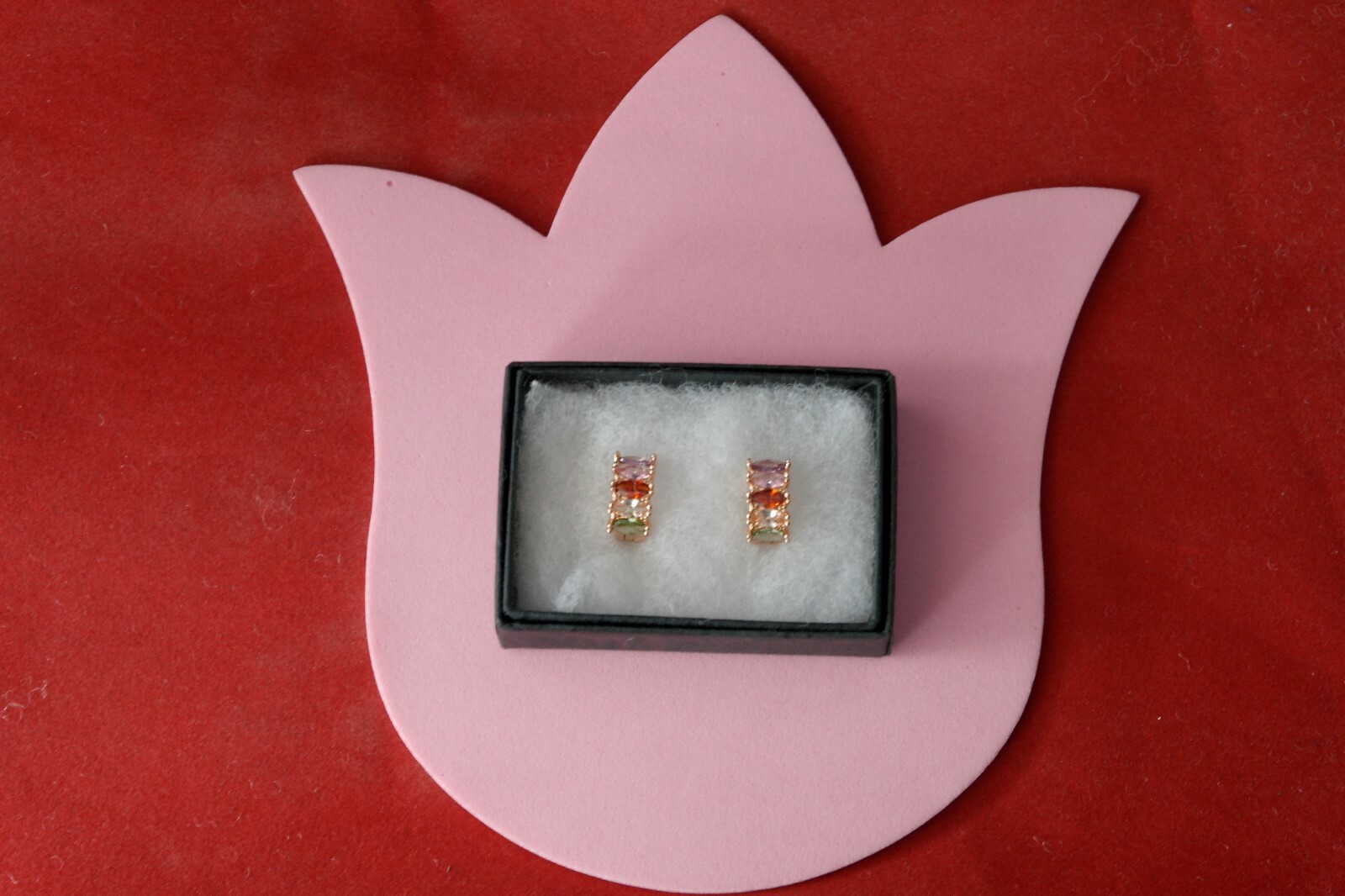 Beautiful Gold Plated Earrings With Multy Gemstone 3.7 Gr. 1.5 Cm. Wide In Box