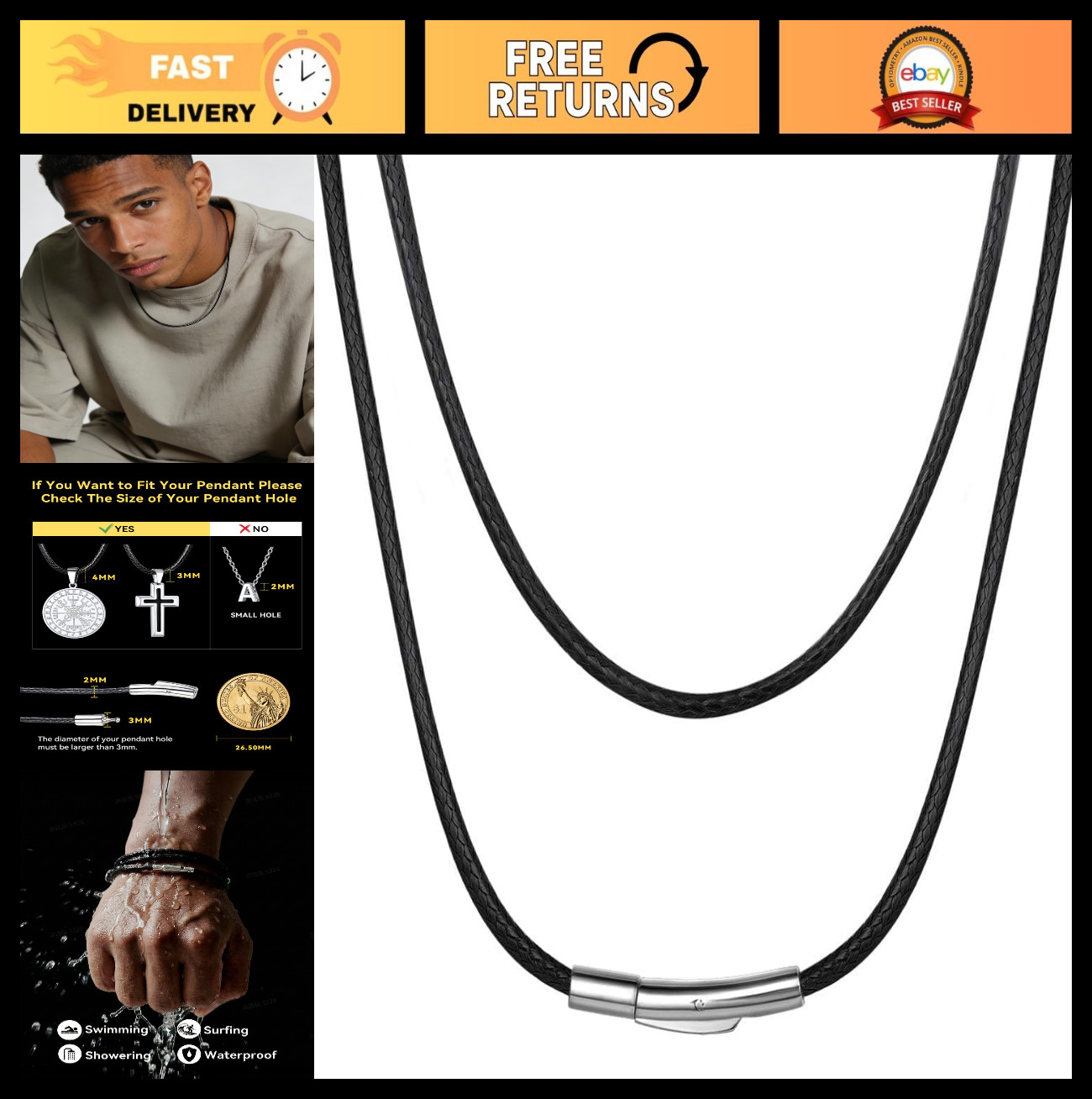 Braided Leather Necklace Cord for Pendants – Waterproof, 1.5mm/2mm/3mm, 16-30″ D