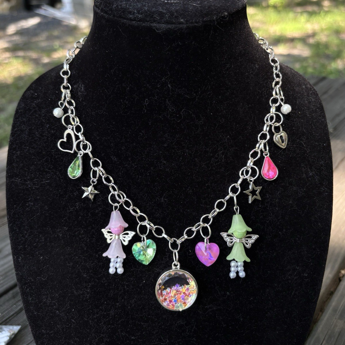 Handmade Fairy Charm Necklace Floating Stars Hearts Cute Gems