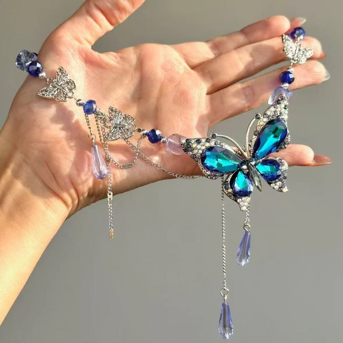 Y2K Blue-Purple Sparkling Butterfly Necklace