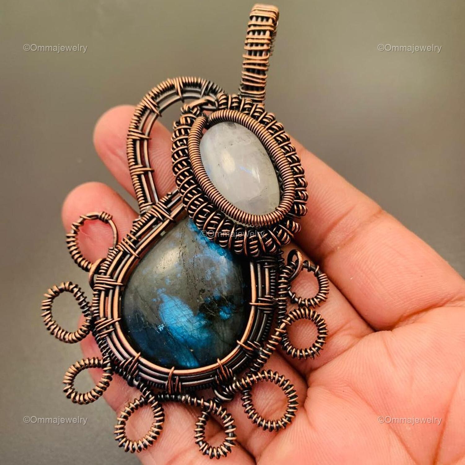 Labradorite Gemstone Wire Wrap Pendant Handcrafted Copper Partywear Jewelry 3.5″