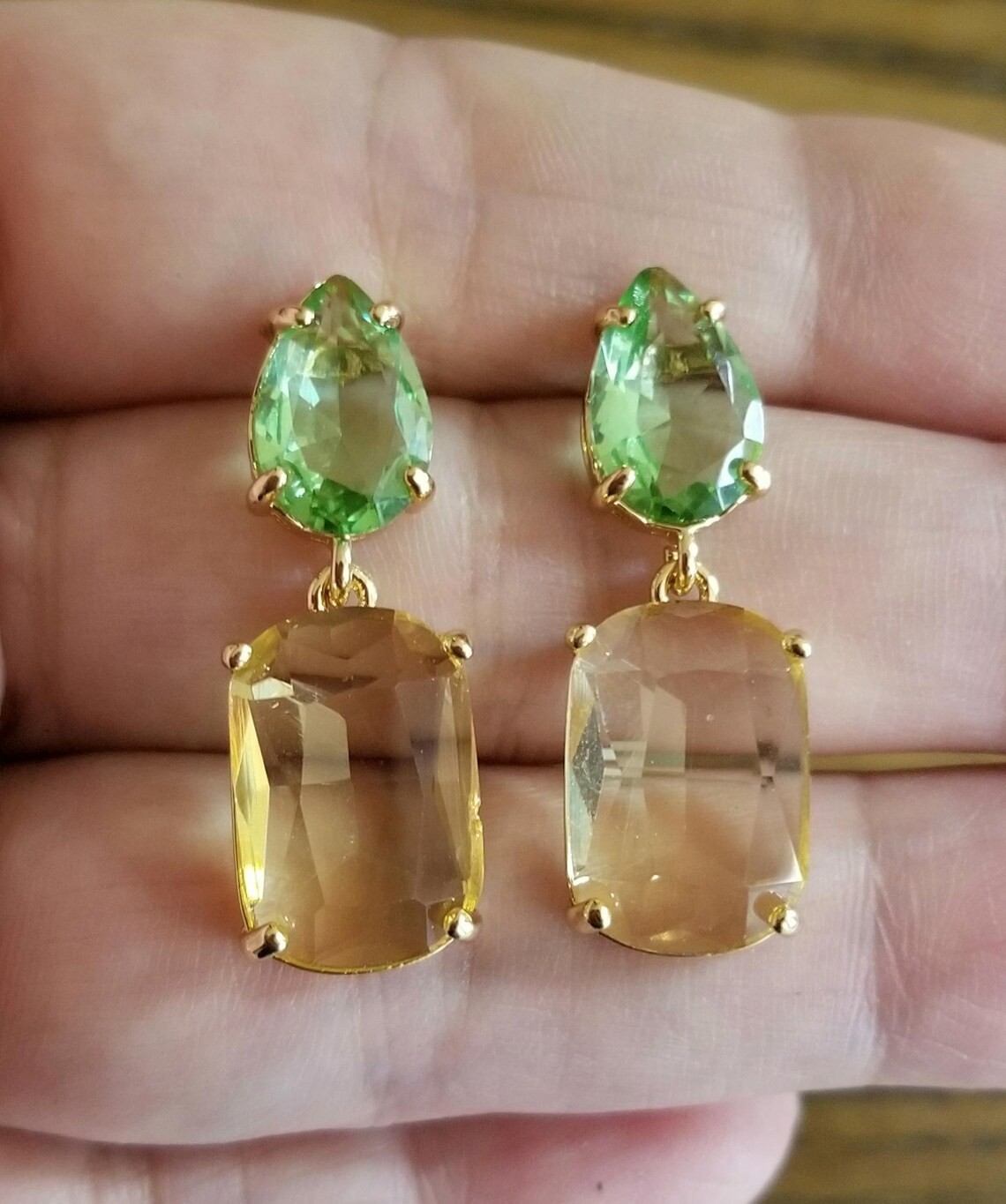 14k Gold Australian Crystal Citrine and Peridot Stud Dangle Earrings