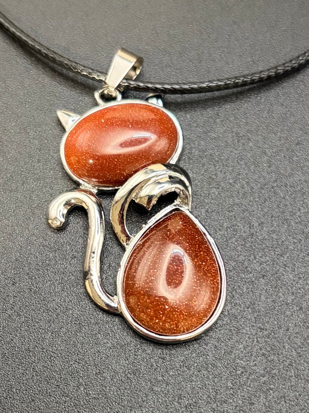 Red-Brown Goldstone Glass Cat Pendant Necklace 21″ Waxed Cord /Stone of Ambition