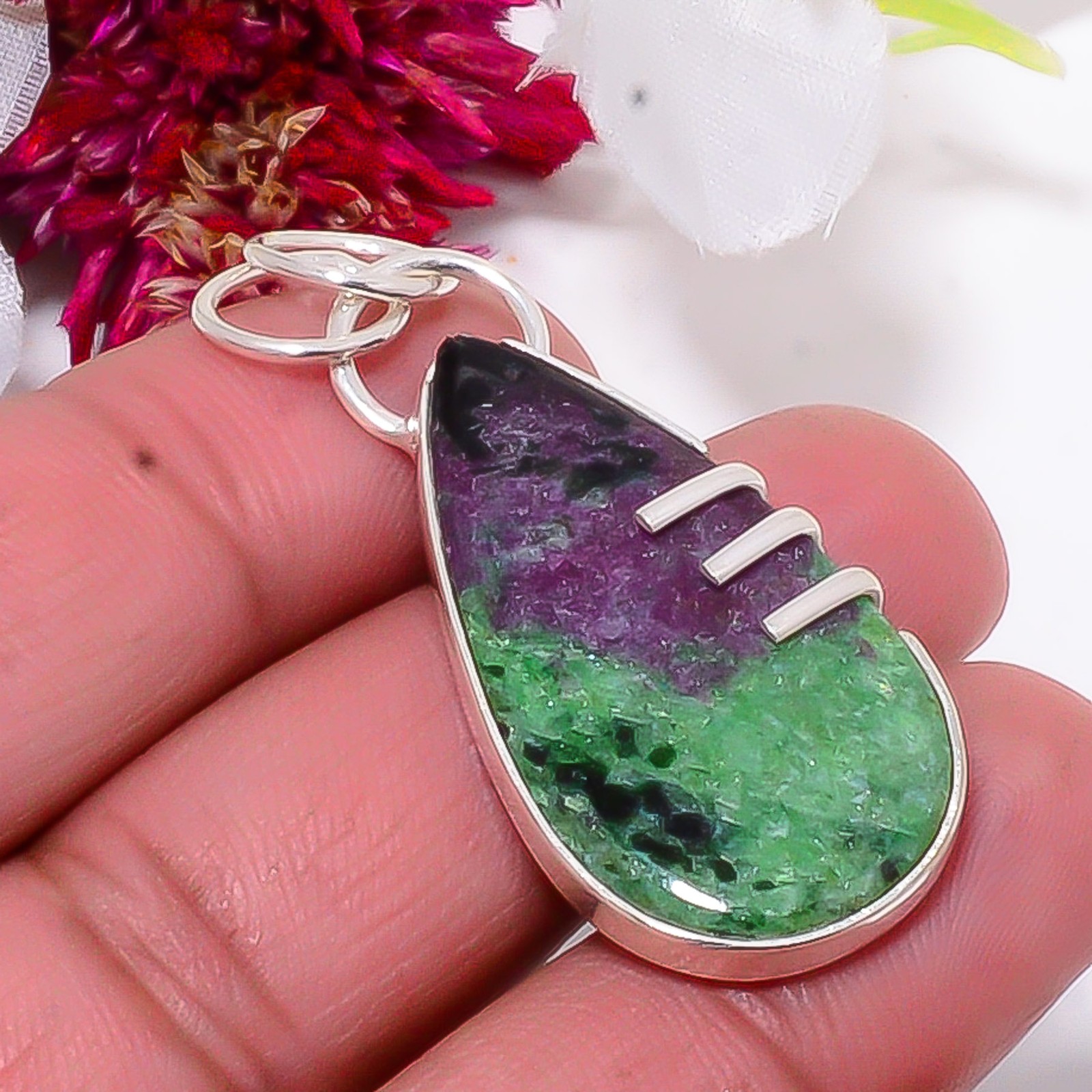 Natural Ruby With Zoisite – Tanzania 925 Sterling Silver Pendant 1.76″ sku27