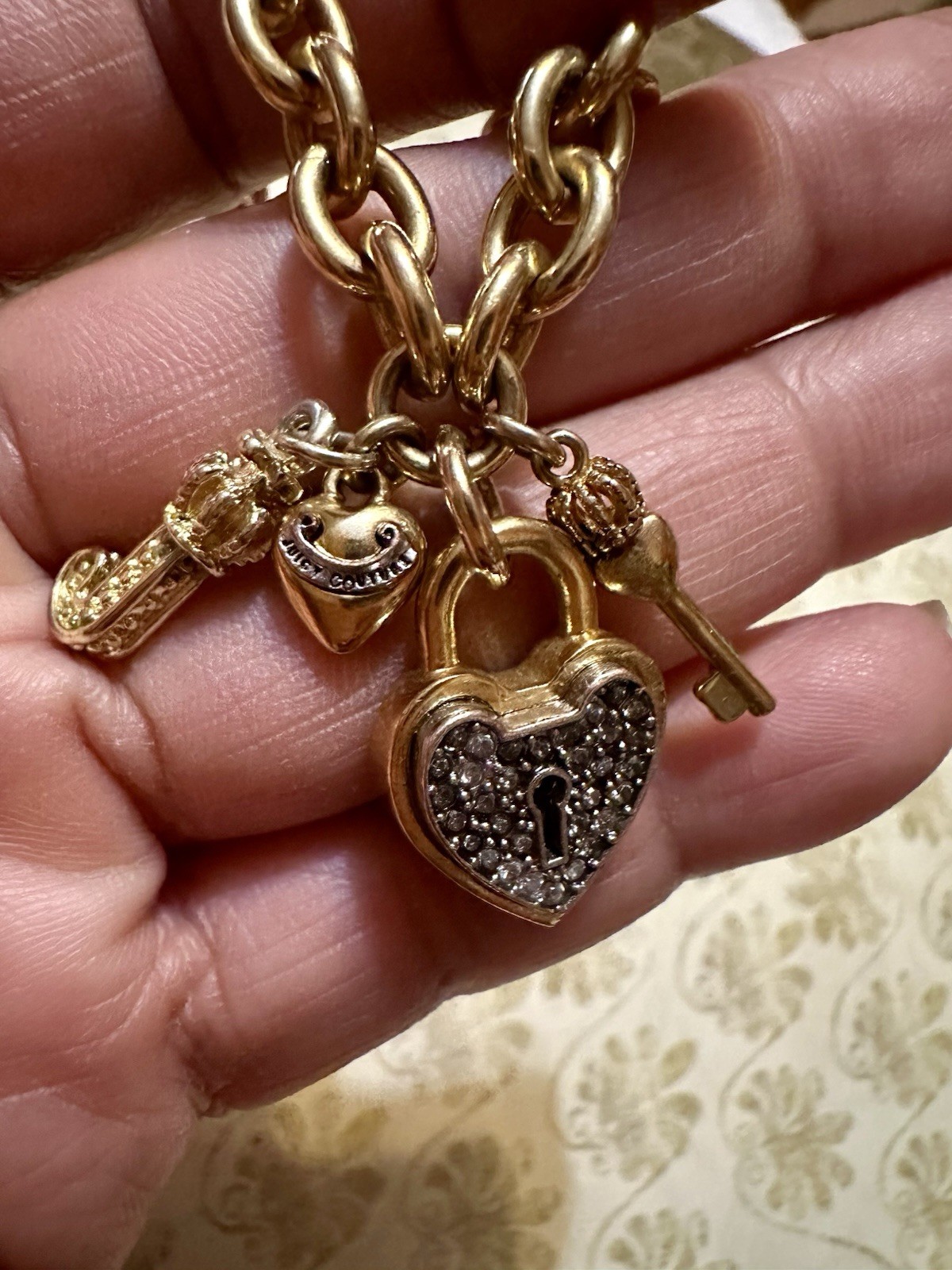 Vintage juicy couture Necklace w/ Heart Lock & Key Charms, approx 14-16 length