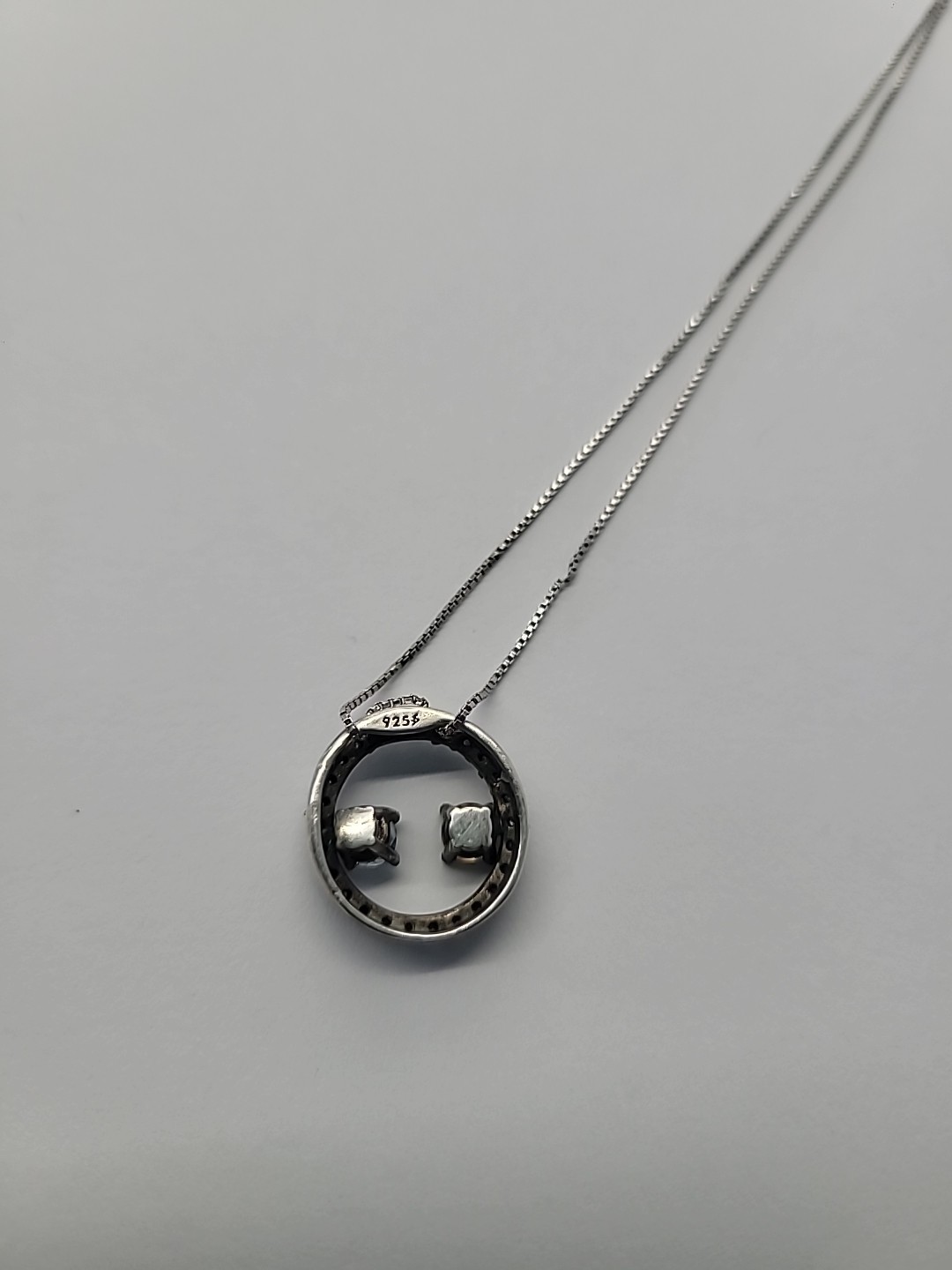 925 Sterling Silver Circle Pendant Necklace Blue Yellow Stones CZ Halo