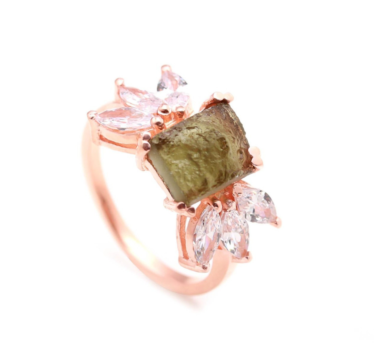 Rough Moldavite Octagon Ring Rose Gold Plated Solid Silver Jewelry Gift For Her