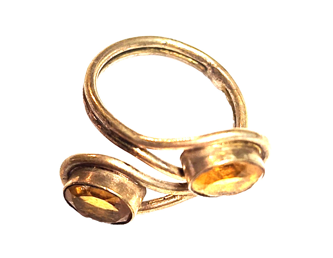 Artisan Yellow Citrine Faceted Oval Wrap Statement Ring Sz 7.5 Gold Tone Boho