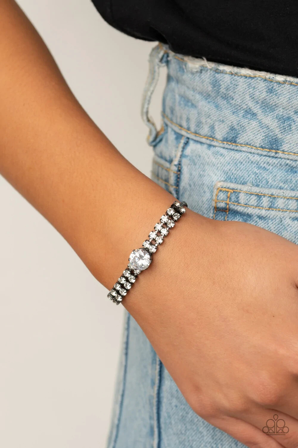 Paparazzi Bracelet – Gorgeously Glitzy- Gun Metal Black with White Rhinestones