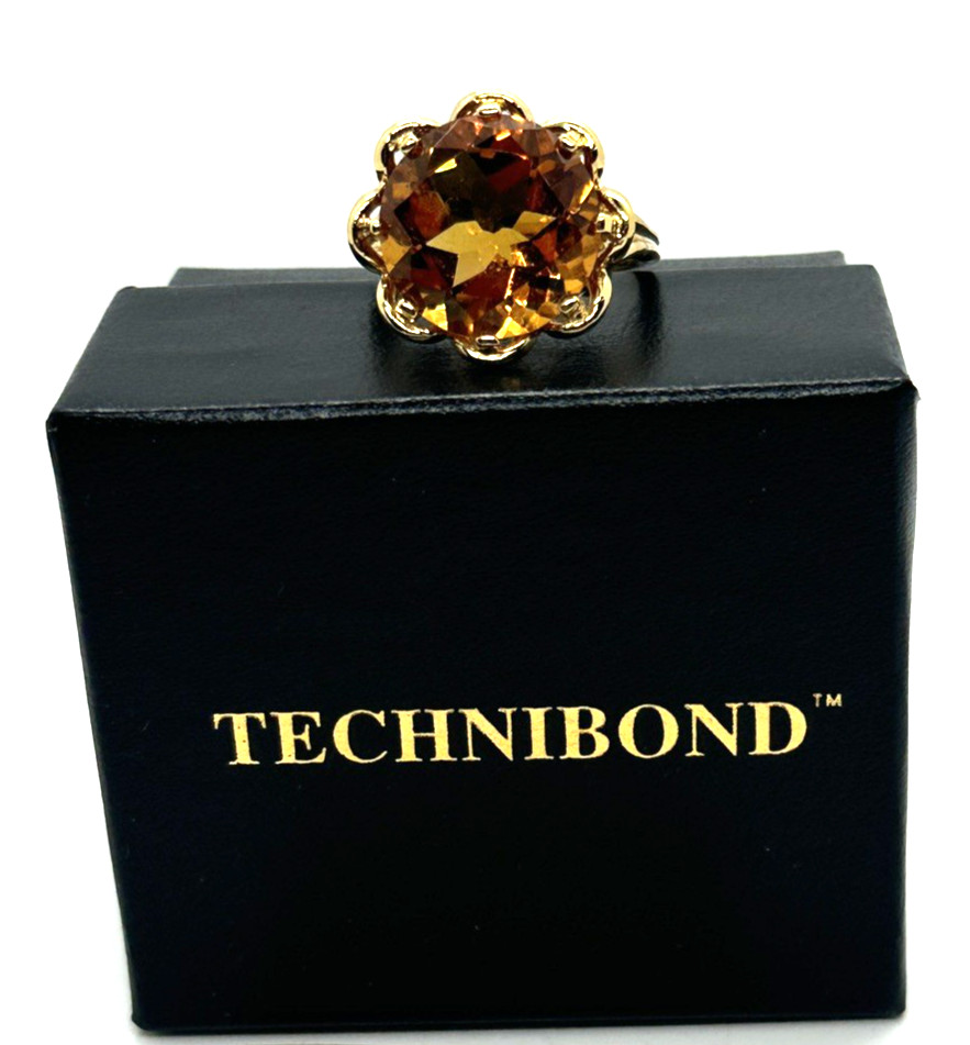 Technibond Cognac CZ Statement Ring 18K Gold Over Sterling Silver Size 8