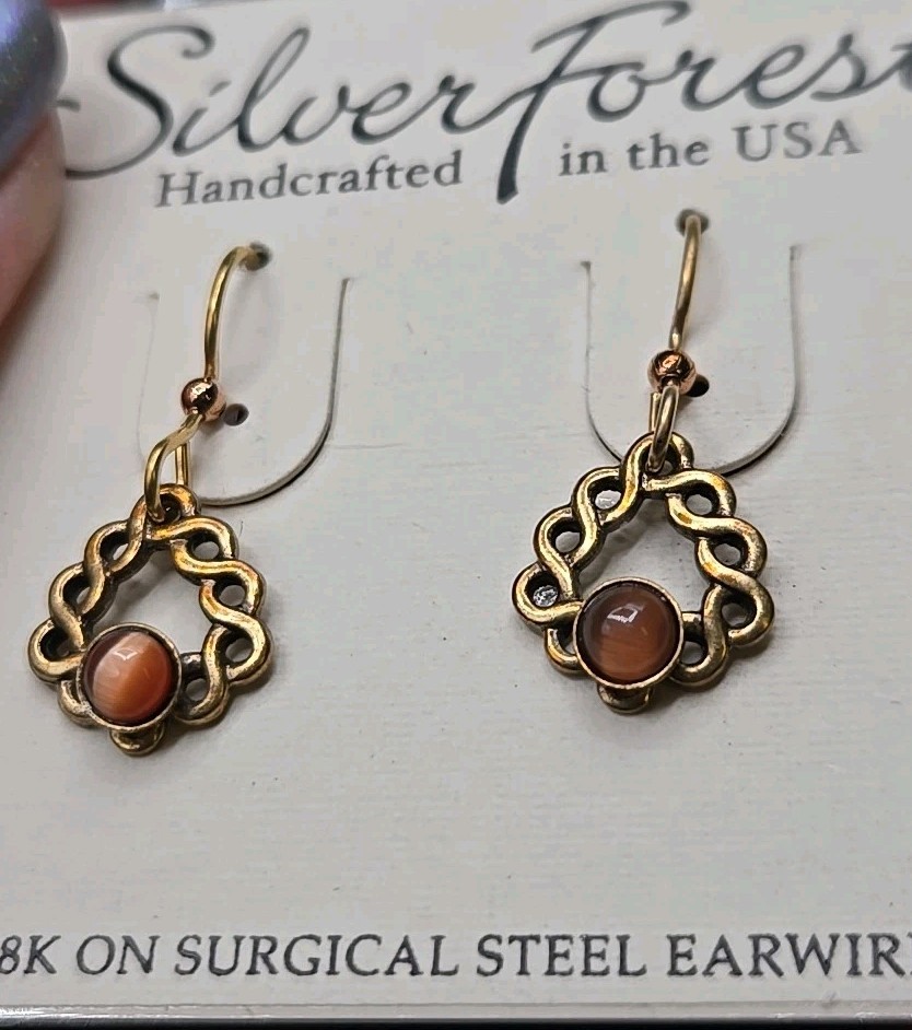 Silver Forest Earrings USA Petite Dangle Bronze Tone Chain Tigers Eye Beads