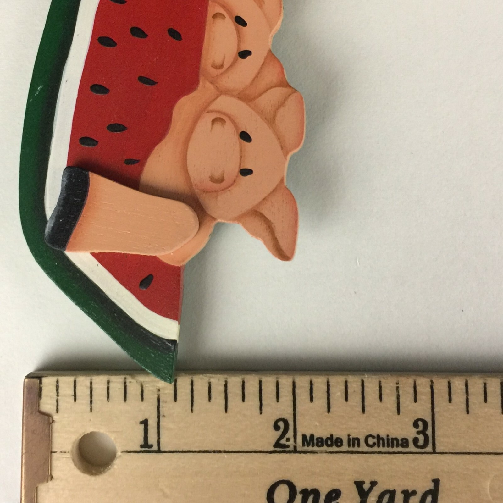 Brooch Pigs with Watermelon Pin Wooden Hand Painted Locking Bar Pin Back VTG