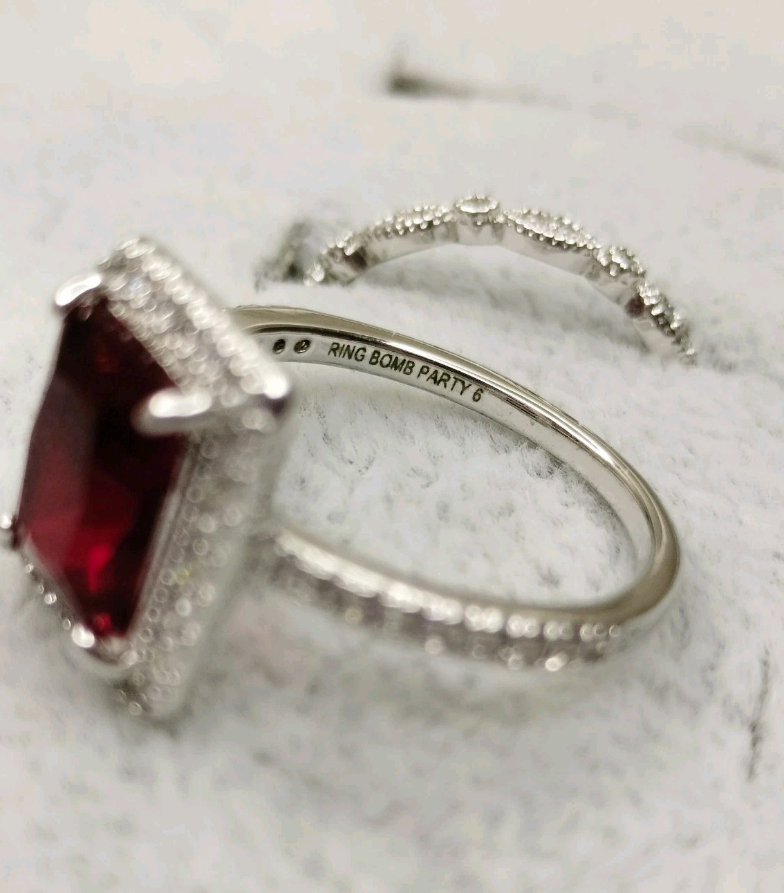 Emerald Cut Deep Red Garnet Ring w/ Halo White Topaz Silver Tone Band Size 6 NWT