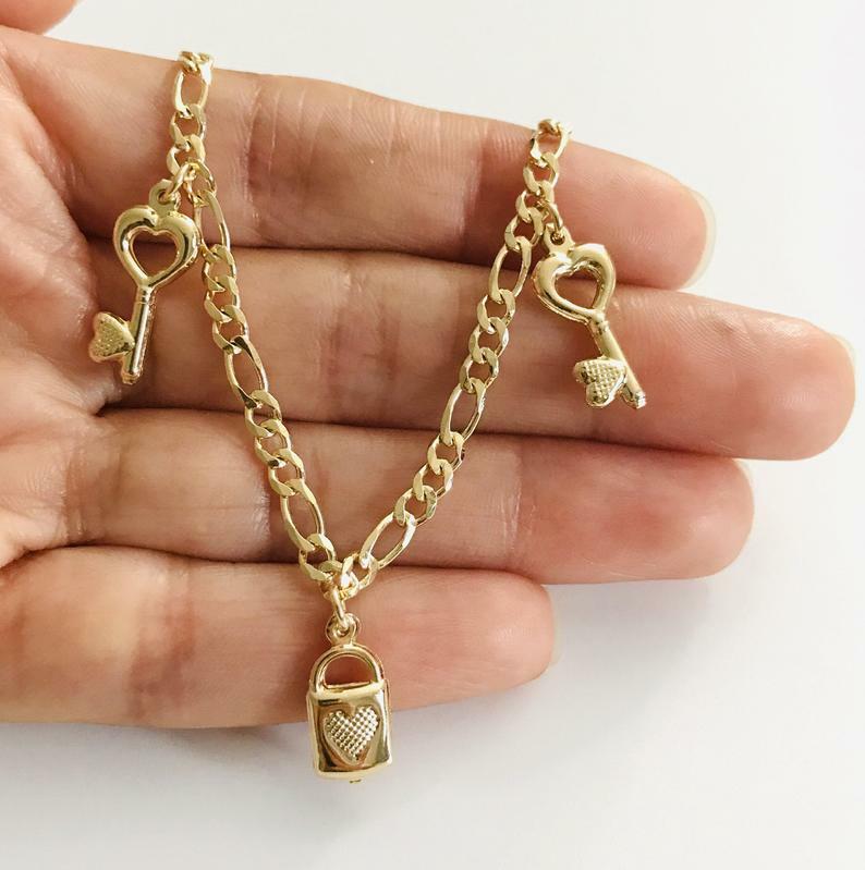 14K GOLD FILLED KEY LOCK ANKLET 9.5″ LONG/TOBILLERA DE LLAVE Y CANDADO 9.5″- A14