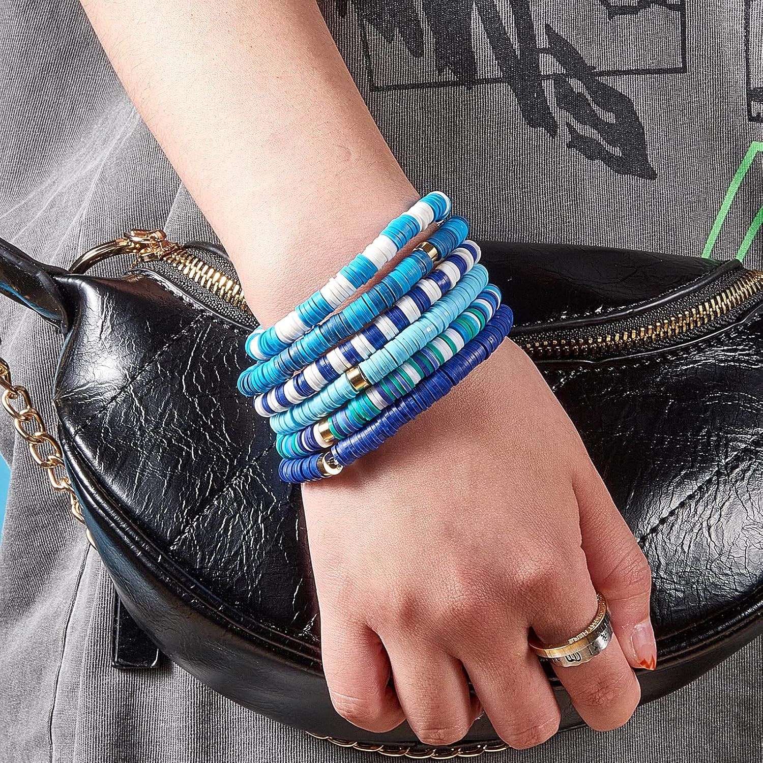 6PCS Heishi Surfer Bracelets Set 6mm Polymer Clay Heishi Beads Stretch Bracelets