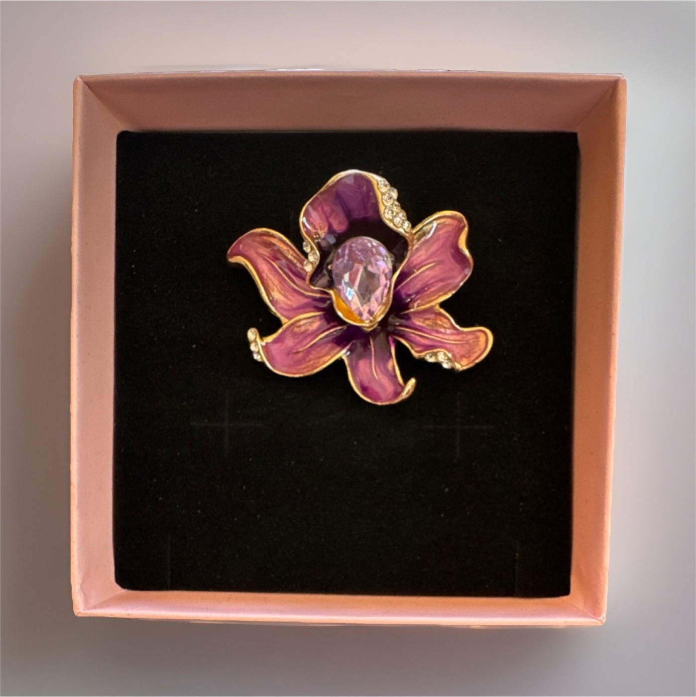 Purple Flower Enamel Glass Brooch Pin Gold Pear Stone Plant Theme