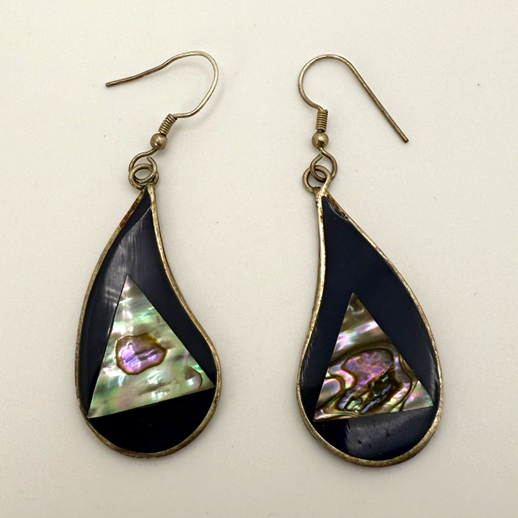 Vintage Teardrop Dangle Hook Earrings Black & Silver Tone Abalone Shell Inlay