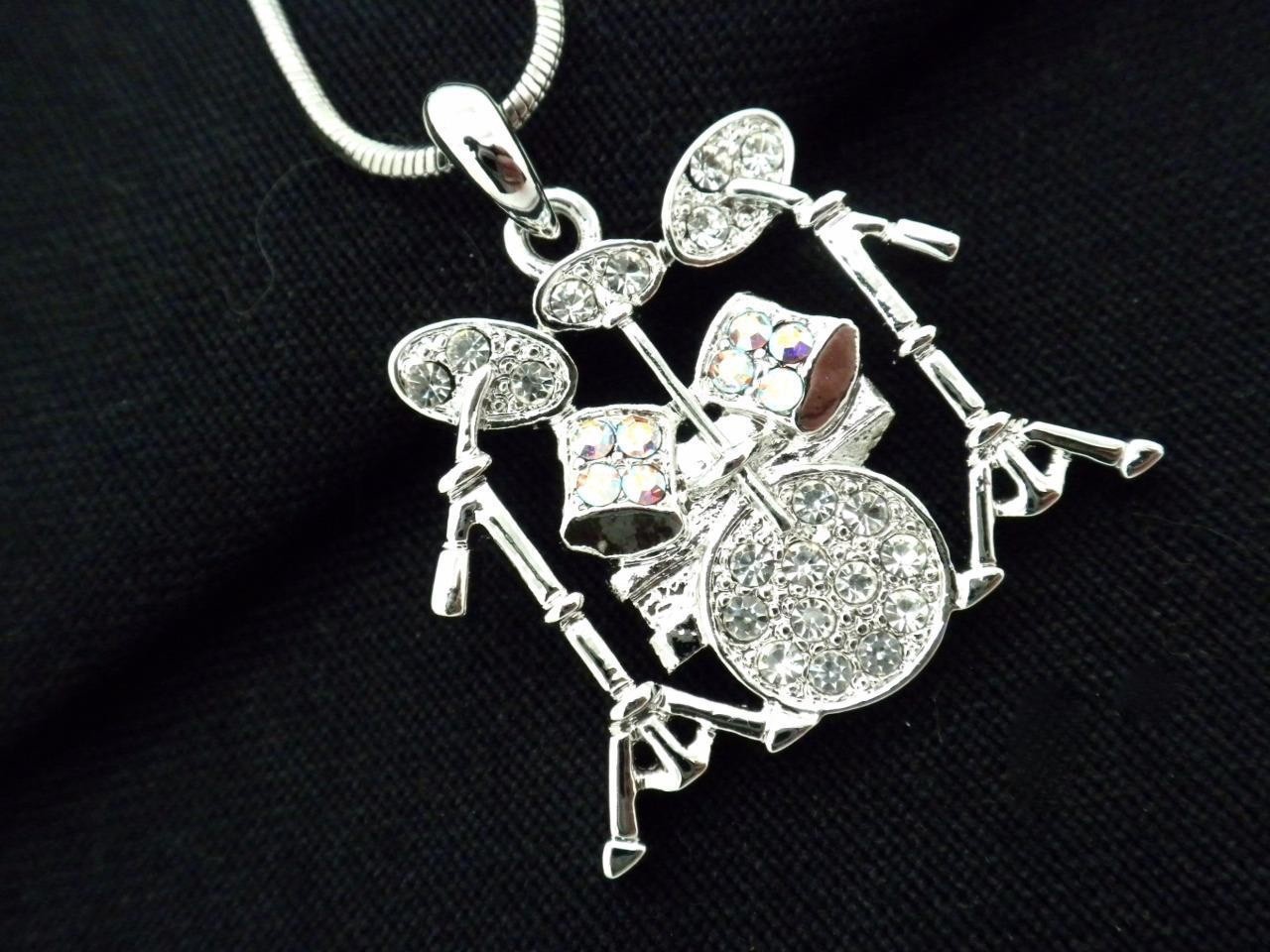 Austrian Crystal Drum Pendant Necklace Women’s White Gold Plated Drummer New