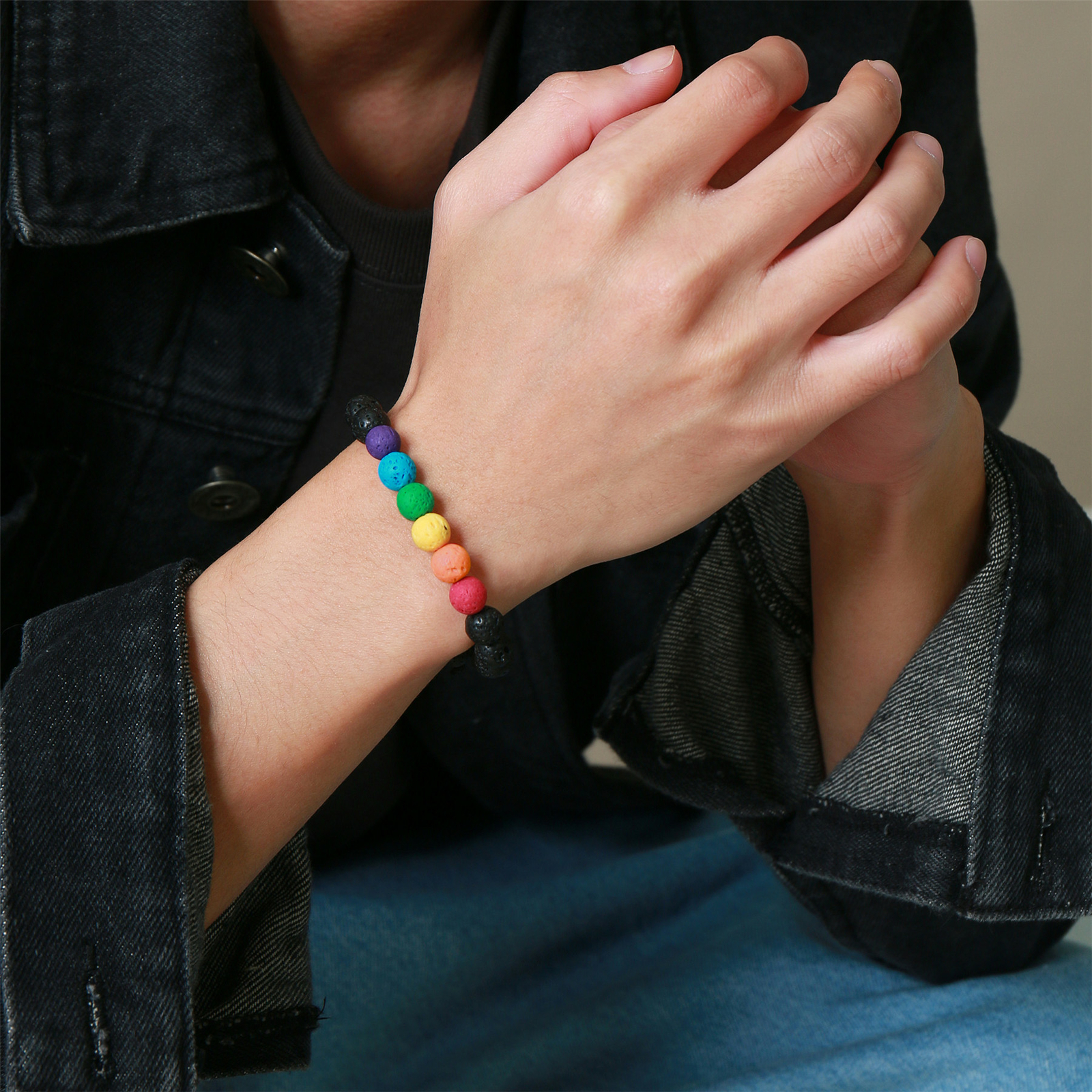 Rainbow LGBT Volcanic Rock Yoga Beads Bracelet Lesbian Gay Adjustable Chain Cuff
