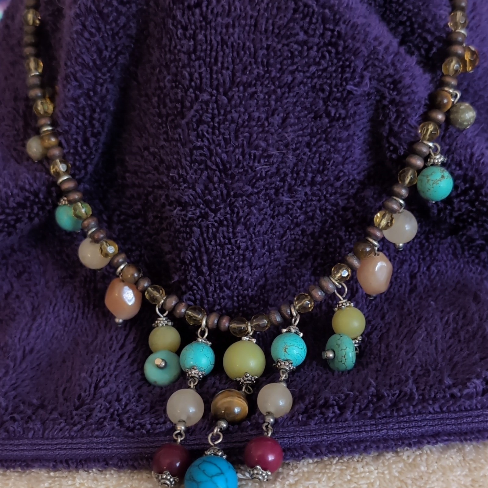 Silver Tone Beaded Necklace w/ Turquoise & Tiger’s Eye Round Charm, Multicolor