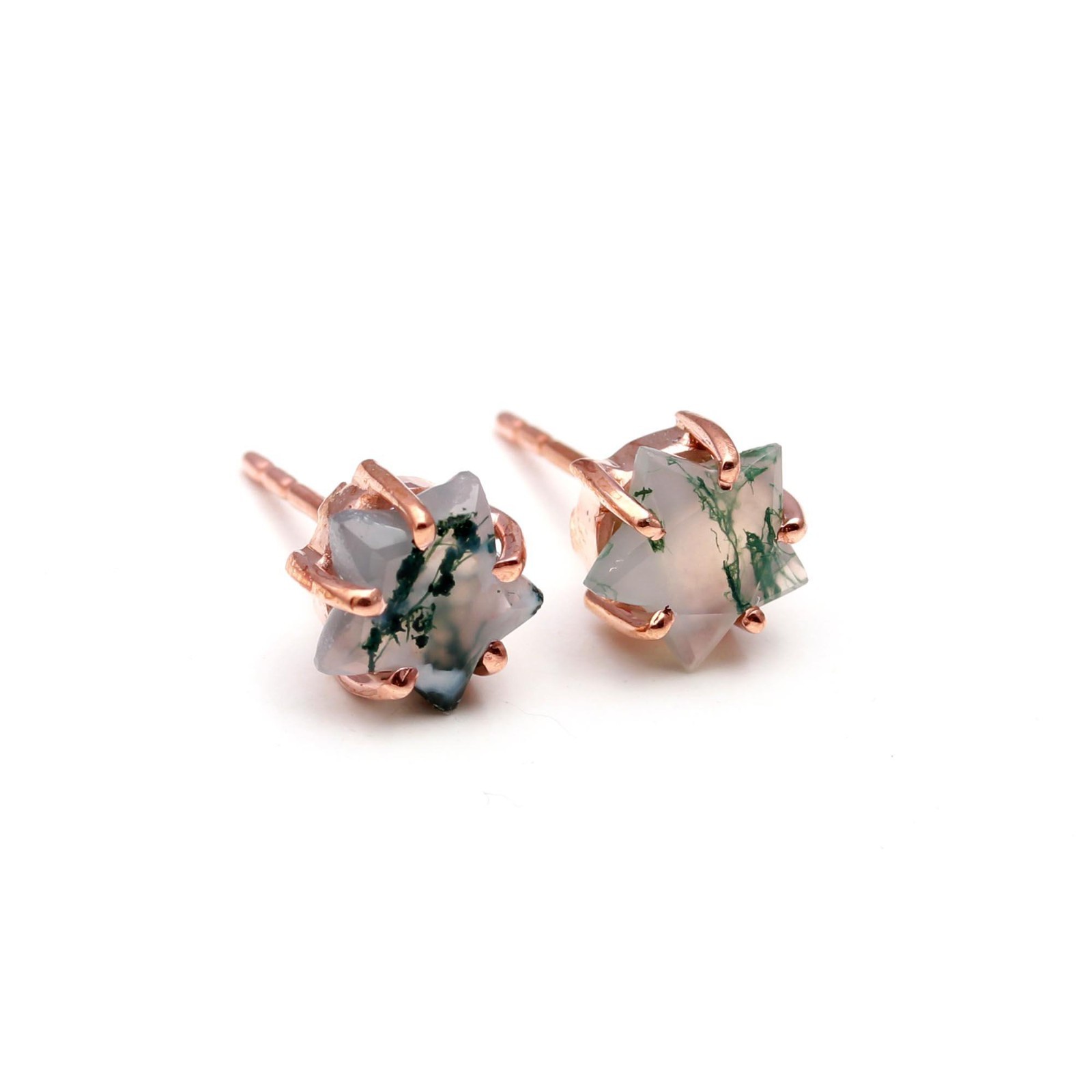 Natural Moss Agate Star Stud Earrings Rose Gold Fill 925 Sterling Silver Jewelry