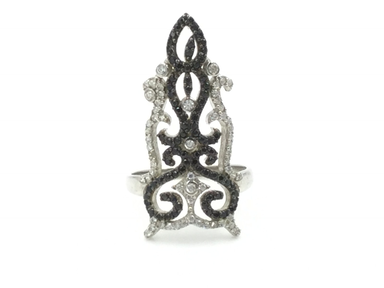 .925 STERLING SILVER BLACK & WHITE HIGH END CUBIC ZIRCONIA COCKTAIL RING