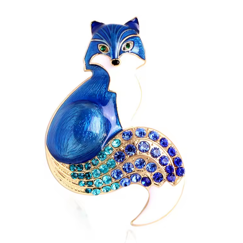 Retro Fall Fox Brooch Blue Enamel Rhinestone Gold Animal Pin Autumn Gift Jewelry