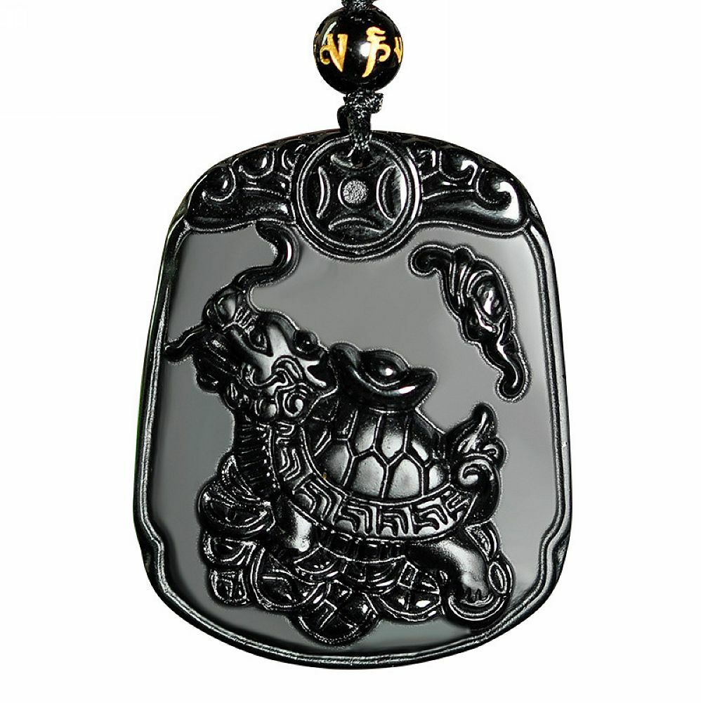 Natural Black Obsidian crystal dragon turtle Necklace pendant bead with chain