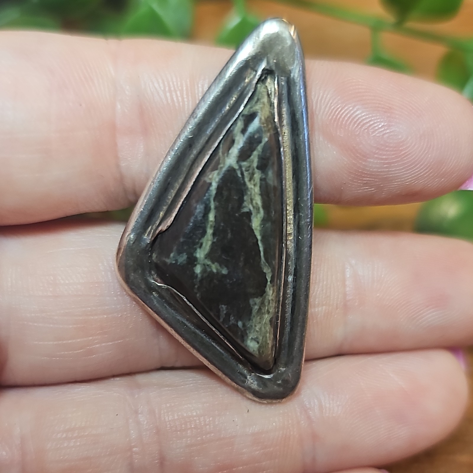 Vtg 925 Sterling Kambaba Jasper Statement Shield Asymmetrical Ring 13g Sz 7.5