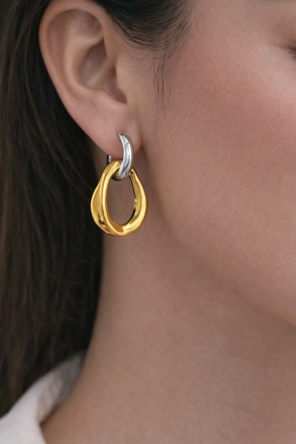 18k Gold Plated Stainless Steel Two-Tone Polished Detachable Drop Hoop Earring