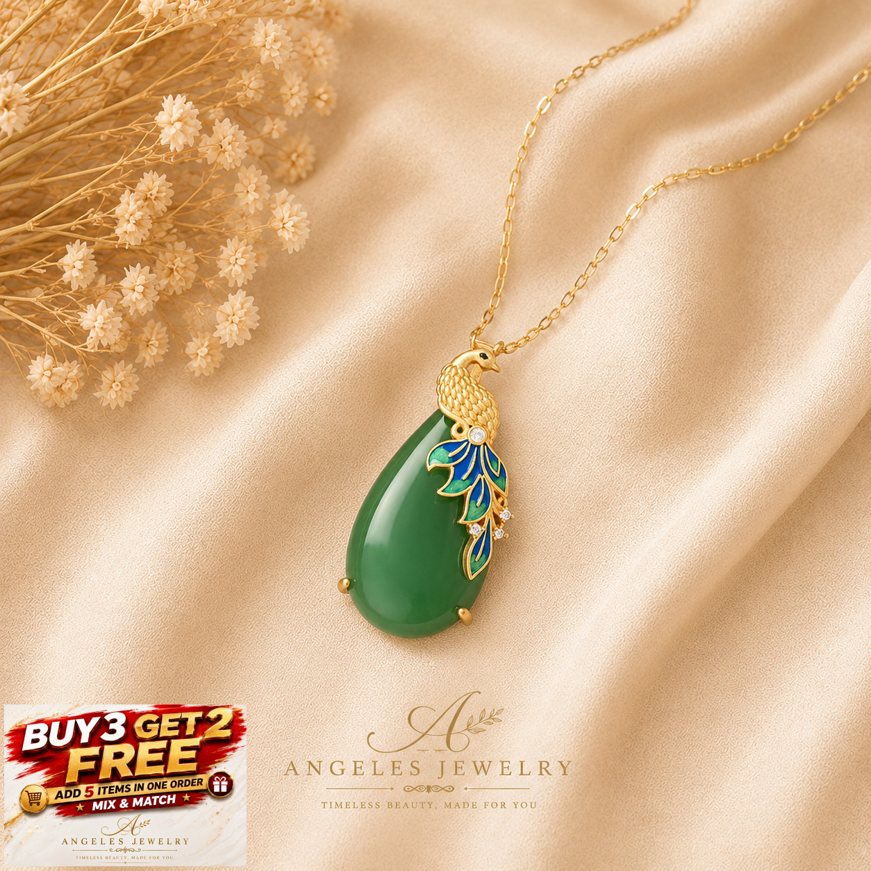 Jade Pendant Necklace Charm 18K Gold Plated Chain Phoenix Bird Dainty Gemstone